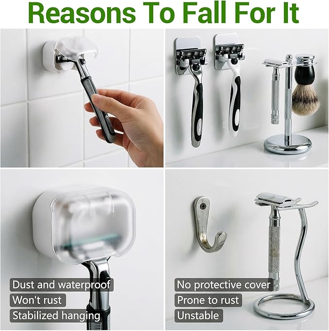 2 Pcs Plastic Razor Holder with Cover, Translucent Self Adhesive Wall Mounted Razor Rack Waterproof Shower Shaver Organizer for Bathroom