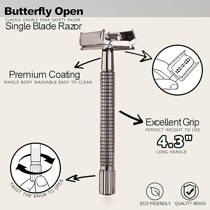 WEISHI Butterfly Open Double Edge Safety Razor for Men, Nostalgic Long Handle with 5 Stainless Razor Blades, Reusable Wet Shave Tool for Smooth, Close Shave