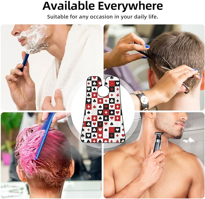 Beard Hair Catcher for Men, Waterproof Shaving Bib Apron Non-Stick, Trimming Tool for Dad Husband, Suits Hearts Diamonds Clubs Spades Grid Poker Playing Cards Shave Bib