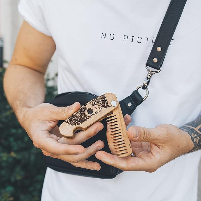 Beard Comb Personalized Gifts Anniversary Gift Wooden Brush Custom Comb Groomsmen Gift Hair Brush Pocket Brush Birthday Gift for Boyfriend (Walnut, Half Skull)
