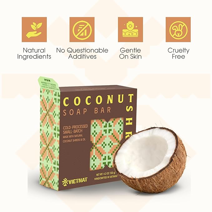 Cold-Process Natural 2-in-1 Luxurious Natural Soap Bar (4.2 oz) with Coconut Shreds | Light Exfoliation & Creamy Lather Body Bar | Cold-Processed, Handmade in Vietnam (Pack of 1)