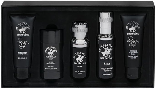 Beverly Hills Polo Club BHPC 5 Piece Men's Collection, includes Eau De Toliette, Deodorant, Body Spray, After Shave & Shower Gel (Sexy)