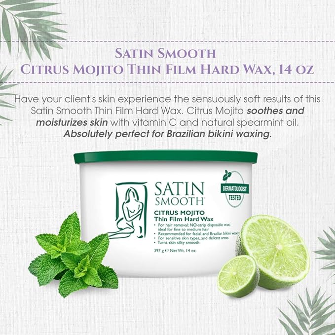 Satin Smooth Citrus Mojito Thin Film Hard Wax - Hair Removal Wax, No Strip Waxing for Sensitive Skin, Ideal for Fine to Medium Hair, 14oz.