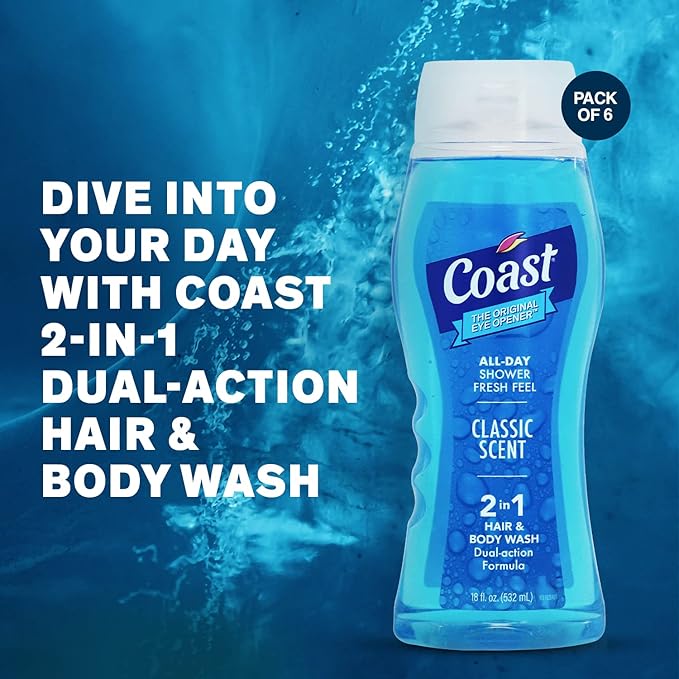 Coast 2-in-1 Hair and Body Wash, Classic Scent - Men's Body Wash, Shampoo & Conditioner - 6 Pack x 18 Fl Oz - Moisturizing & Refreshing Rich Lather for Energized And Clean Skin