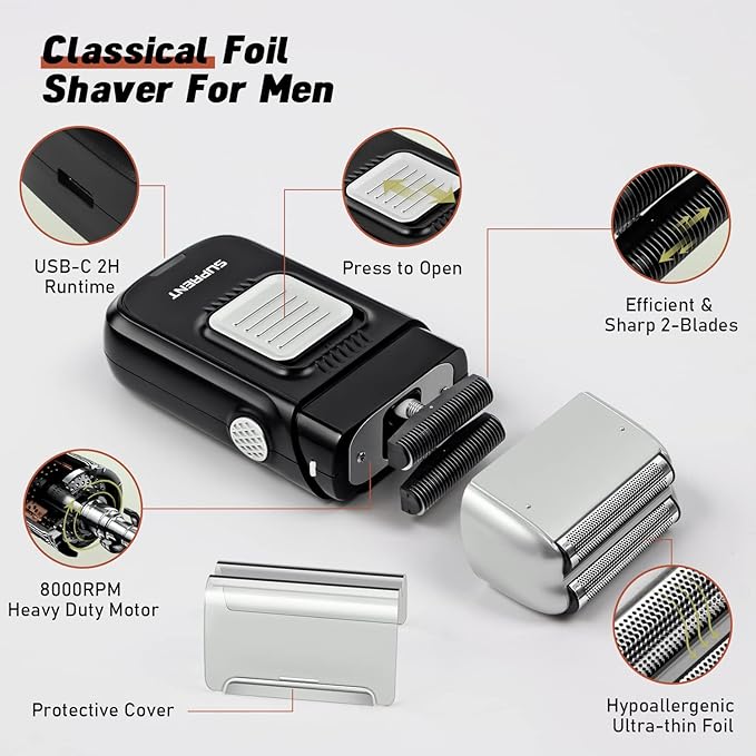 SUPRENT Foil Shaver for Men- Electric Rechargeable Balding Head Shaver- Beard Trimmer with 2 Replacement Shaver Head- Rechargeable Electric Razor, Barber Supplies- Best Gifts for Men