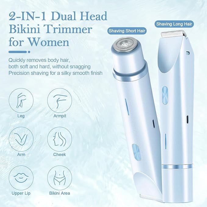 Bikini Trimmer for Women, 2-in-1 Dual Head Shaver Women, IPX7 Waterproof Gentle Electric Razors for Sensitive Areas, Cordless Hair Removal for Shower & Travel, Holiday Gift (Blue)