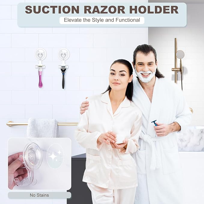 VIS'V Suction Cup Razor Holder, Shower Suction Razor Hooks for His and Hers, Removable and Reusable, Clear, 4 Pcs
