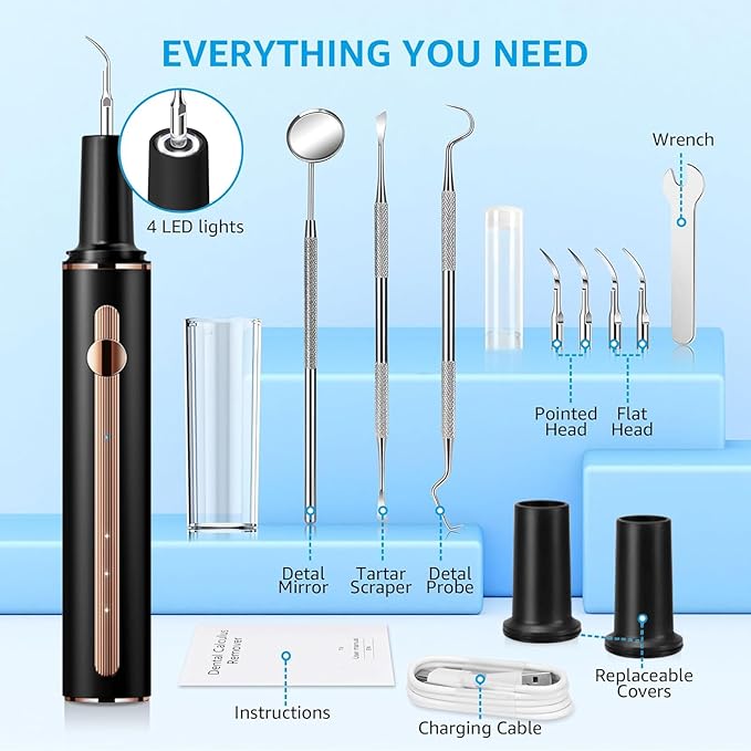 Teeth Cleaning Kit Plaque Remover for Teeth, Portable Dental Plaque Remover Tool with LED, Plaque Blaster for Human Teeth with 3 Modes, Tooth Scraper Plaque Tartar Remover for Teeth with Dental Tools