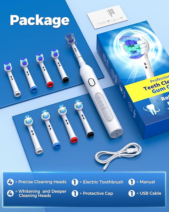 TEETHEORY Rotating Electric Toothbrush for Adults with 8 Brush Heads (2 Types), 4 Modes Deep Clean Electric Toothbrush with Rechargeable Power and 2 Min Smart Timer (3-Clean White, p1)