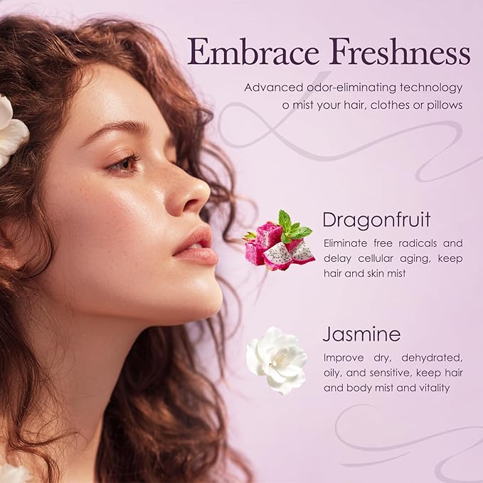 Hair Perfume for Women & Men, Alcohol-Free Dragonfruit Jasmine Hair & Body Mist, Lightweight Long-Lasting Fragrance Mist for Hair, Body & Fabric, Birthday & Valentine’s Day Gift, 100ml / 3.38 fl oz
