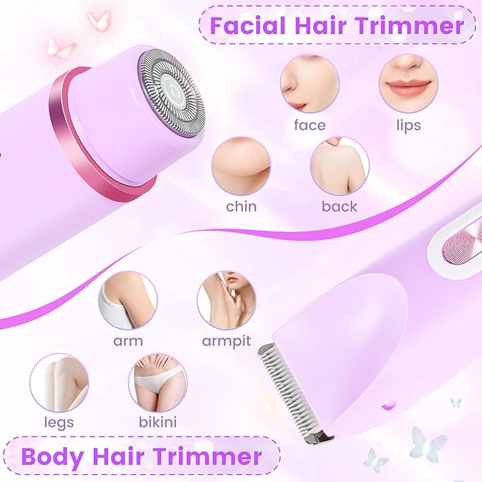 2 in 1 Bikini Trimmer for Women, Dual Head Electric Rozor, Facial Hair Removal, Ipx7 Waterproof Body Shaver for Bikini Face Armpit Pubic Hair Leg Back, Easy Cleaning, Ceramic Blade (Purple)