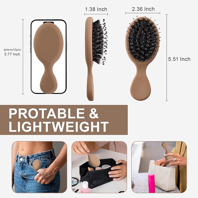 Mini Boar Bristles Hair Bursh, Travel Size Hair Brush for Women Men Kids, Protable Small Hair Brushes for Pockets Purses, Mini Hair Brush for Smooth Add Shine (1 Pack-Mocha)