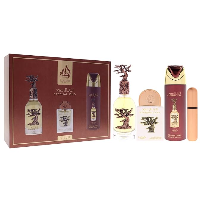 Lattafa Pride - Eternal Oud for Men - 3 Pc Gift Set 3.4oz EDP Spray, 6.67oz Perfumed Body Spray, 0.67oz EDP Spray