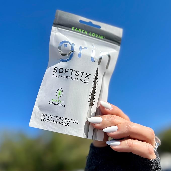 Grin Charcoal Infused Softstx,Gentle Dental Picks,Soft Flexible Bristles,Textured Plaque Removing Toothpick,Minty Flavor,for Between Teeth,Refillable Hygienic Case,90 Count (Pack of 2)