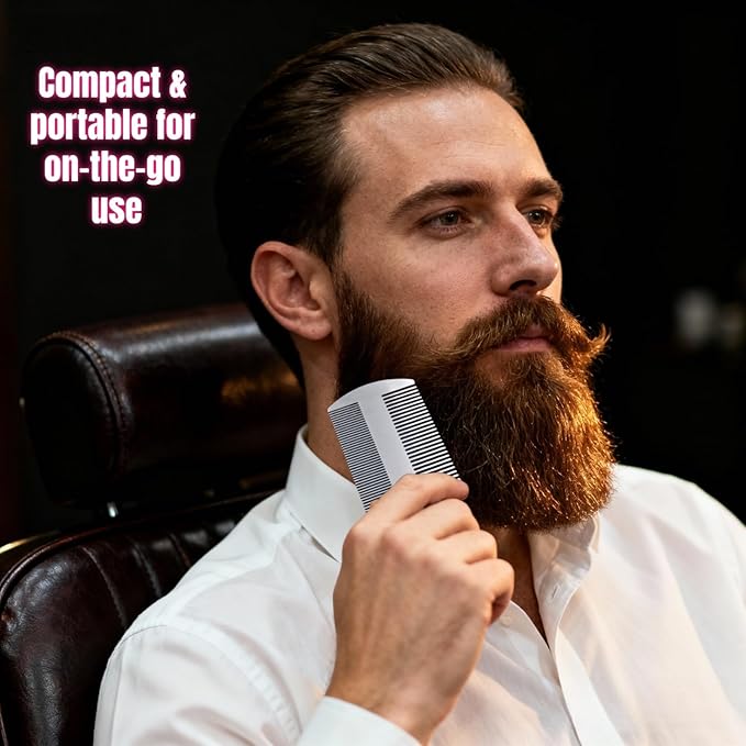 2 Pcs Metal Beard hair Comb for Men - Stainless Steel Pocket Mustache Comb, Dual Action Fine & Wide Teeth, Credit Card Size, Anti-Static, Lice Remover, Barber Styling - Silver