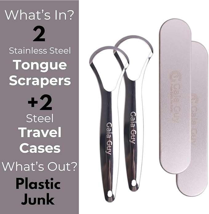 Stainless Steel Tongue Scraper (2-Pack w/ 2 Steel Travel Cases Included), Tongue Cleaners Reduce Bad Breath, 100% Metal Tongue Scrapers with Metal Cases (Plastic-Free)