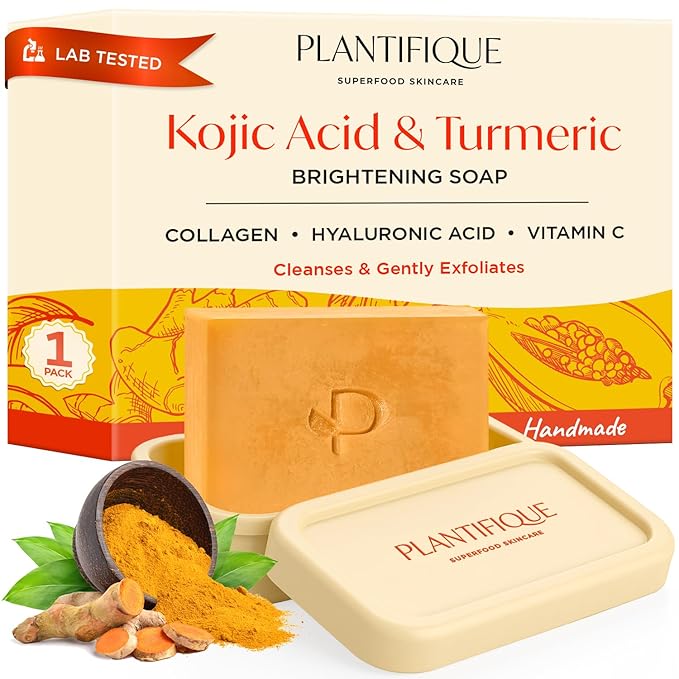 PLANTIFIQUE Kojic Acid Soap for Hyperpigmentation with Travel Silicone Case - Turmeric Bar with Hyaluronic Acid, Collagen, Vitamin C - Vegan Skincare for Radiant Skin - 80 g / 2.82 oz