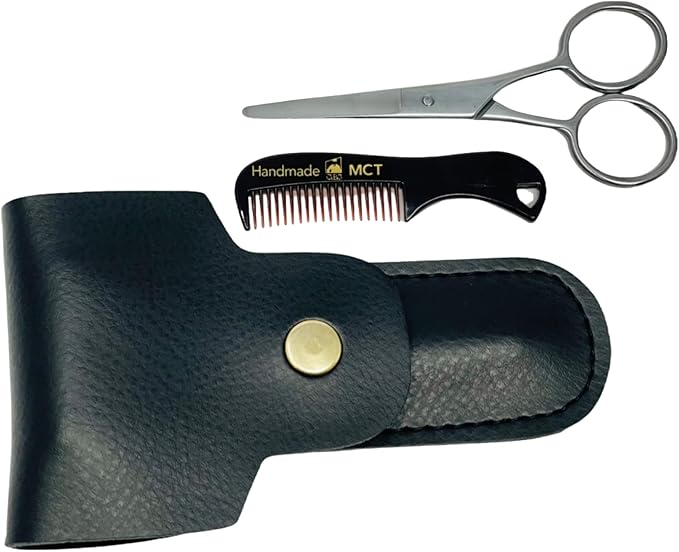 G.B.S Men's 3n1 Trimming, Cutting and Styling Beard Scissors, Stainless-steel Scissors for Beard, Mustache, Eyebrow, Nose Hair, Leather Travel Case and Beard and Mustache Comb