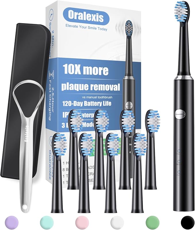 Electric Toothbrush for Adults and Kids, with 8 Brush Heads and Tongue Scraper, 2 Minute Smart Timer, One Fast Charge Last 120 Days, 40000 VPM Deep Clean, Sonic Travel Toothbrush - Black