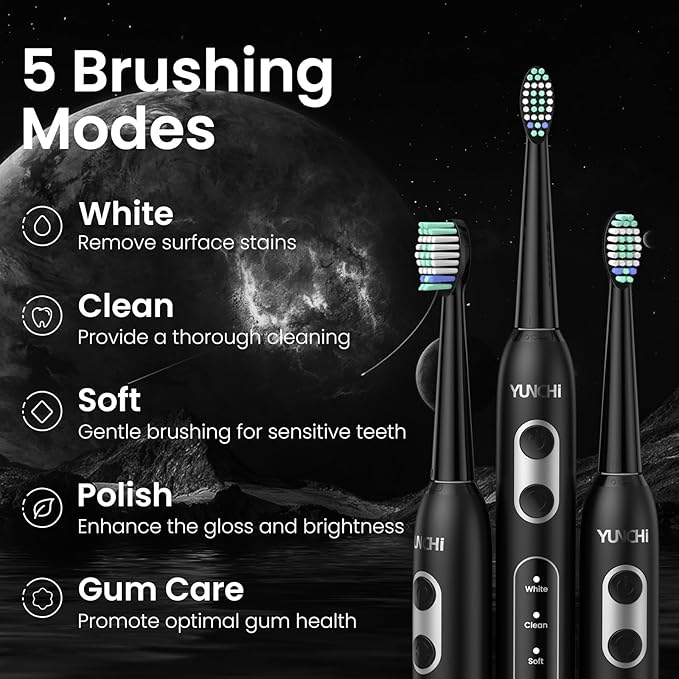 YUNCHI Electric Toothbrush for Adults, Kids Electric Toothbrush,Rechargeable Toothbrushes with 8 Brush Heads, Travel Case, 2 Min Timer, IPX7 Waterproof, 5 Modes, Black