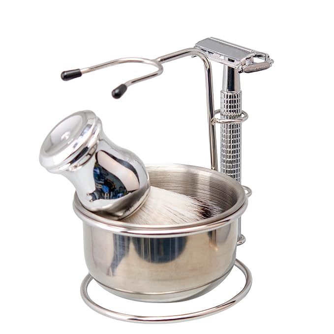Grandslam Shaving Brush and Bowl Kit for Men, 4 in 1 Shaving Brush Set, Include Butterfly Open Safety Razor, Stainless Steel Shaving Soap Bowl and Stand, Shaving Brush, 10 Double Edge Blades