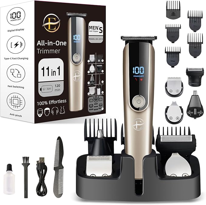Beard Trimmer for Men - 5 in 1 Kit Electric Razor, Nose Hair Trimmer with LED Display, Cordless Mustache Body Face Grooming Kit, Rechargeable Beard Shaver (Gold)