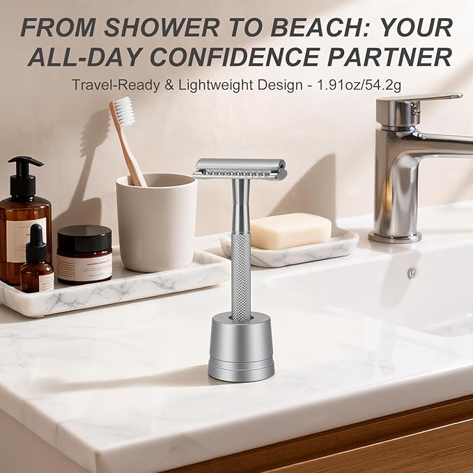Safety Razor with Stand for Men & Women - Double Edge Single Blade Razor, One Blade Razor with 10 Blades & Metal Stand - Reusable Mens & Womens Shaving Razor (Complete Kit)-silver