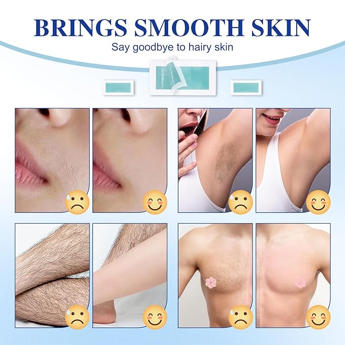 Wax Strips - (60 Count),10 Calming Oil Wipes Hypoallergenic For Hair Removal, For Women and Men, Face Waxing Kit For Women, Body Wax Strips - Brazilian Waxing, Suitable For All Skin Types
