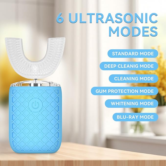 Automatic Sonic Electric Toothbrush - Adult U-Shaped Design, IPX7 Waterproof 360° Full Cleaning, Rechargeable Travel Set (Sky Blue)
