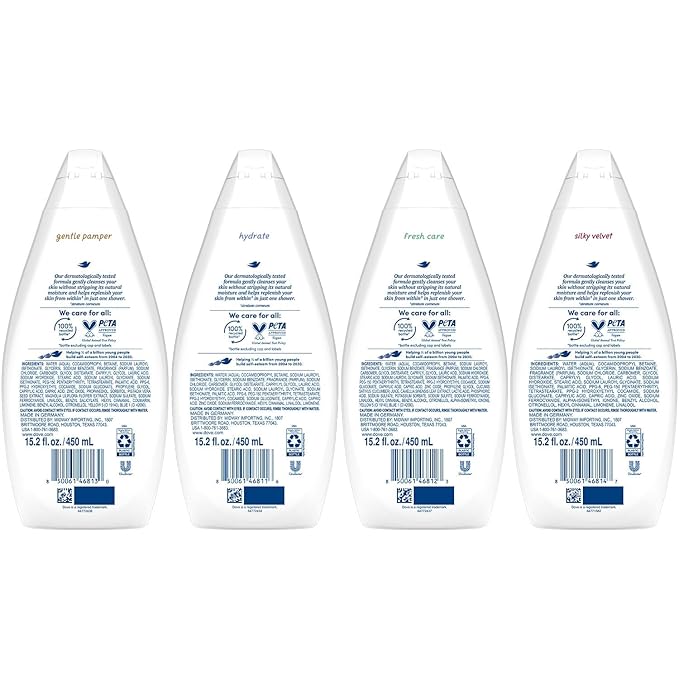 Dove Body Wash Variety 6-Pack – Hydrate, Gentle Pamper, Fresh Care, and Silky Velvet, 15.2 Oz Ea