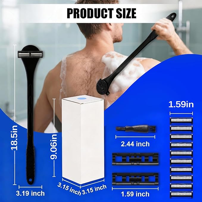 Back& Body Shaver for Men,Back Hair Trimmer for Men with Long Bendable Ergonomic Silicone Handle,10 of The Wet or Dry Disposable Razor Blades,Bath Brush Included(Black)