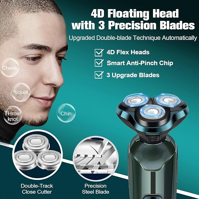 Electric Razor for Men, 3-in-1 Shaver with Floating Blades for Nose Hair &Sideburns,Replacement Blades, Pop-up Trimmer, IPX7 Waterproof, Travel Lock, Wet & Dry Use, Face Shaving Grooming Travel Kit