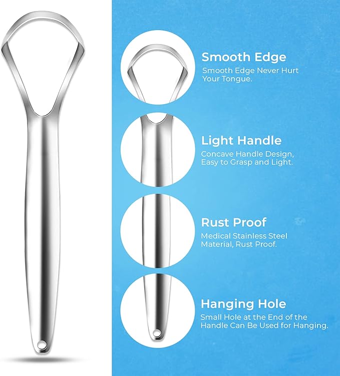 HOKIN Tongue Scraper for Adults with Travel Cases (2Pcs Oral Care Pack) - 100% Metal Spoon Shaped Tongue Cleaners, Tough Scrapers for Oral Hygiene