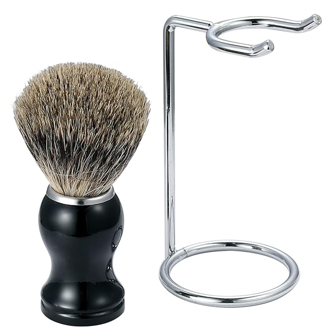 Vtrem Shaving Brush Set for Men 2 in 1 Pure Badger Hair Shaving Brushes with Plastic Handle, Stainless Steel Shaving Stand Perfect for Wet Shave