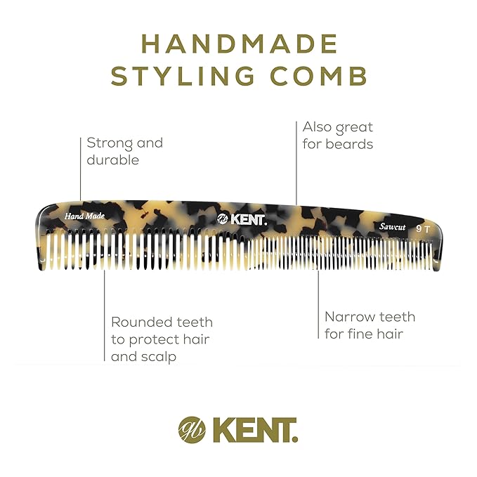 Kent 9T Fine Tooth and Wide Tooth Detangler Comb - Large Handmade Saw-Cut Dressing Comb for Wet Hair and Durable Grooming for Men and Women - Made in England