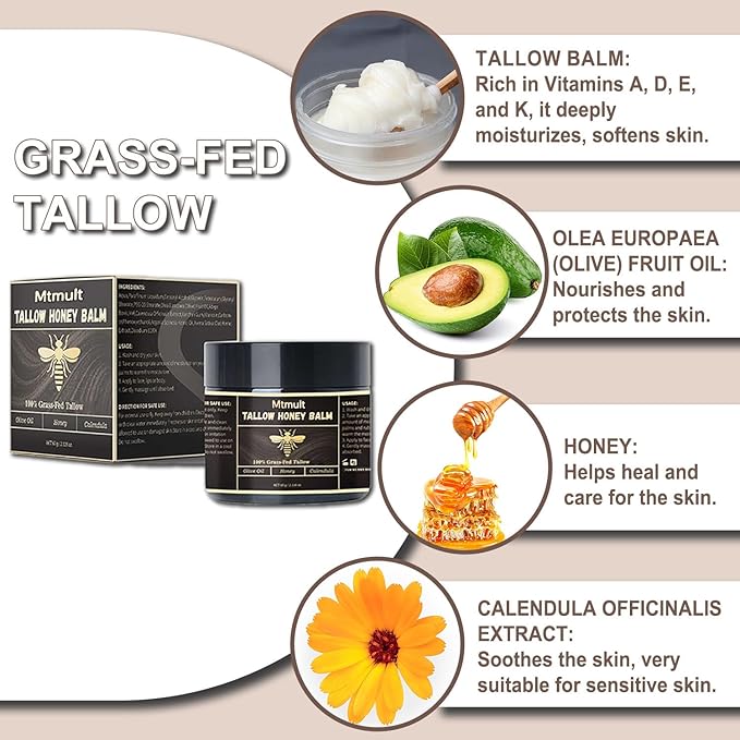 Mtmult Beef Tallow for Skin - Tallow and Honey Balm for Face, Hydrating with Grass-Fed Beef Tallow, Raw Honey & Beeswax | Beef Tallow for Face & Body Tallowyn Skin Balm