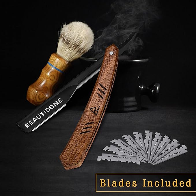 BEAUTICONE Straight Razors for Men, Straight Edge Razor with 100 Single Edge Blades, Stainless Steel, Barber Razor for Men's Shaving, Barber Shaving Knife, Wooden Handle, Slide-Out