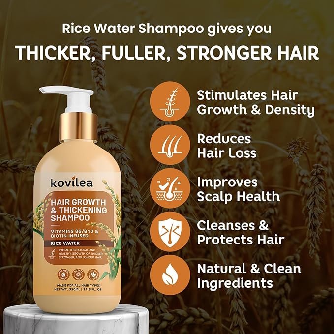 Rice Water Hair Growth Shampoo, Natural Rice Water Thickening & Regrowth Formula for Men & Women - Infused with Biotin, Castor Oil, Rosemary, For Weak, Brittle, Thinning Hair & All Hair Types 11.8 Oz