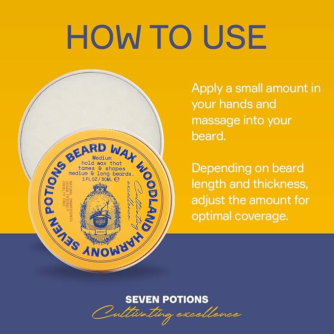 SEVEN POTIONS Natural Beard Styling Wax for Medium Hold - 1 oz, Shapes and Nourishes Without Stiffness (Woodland Harmony)