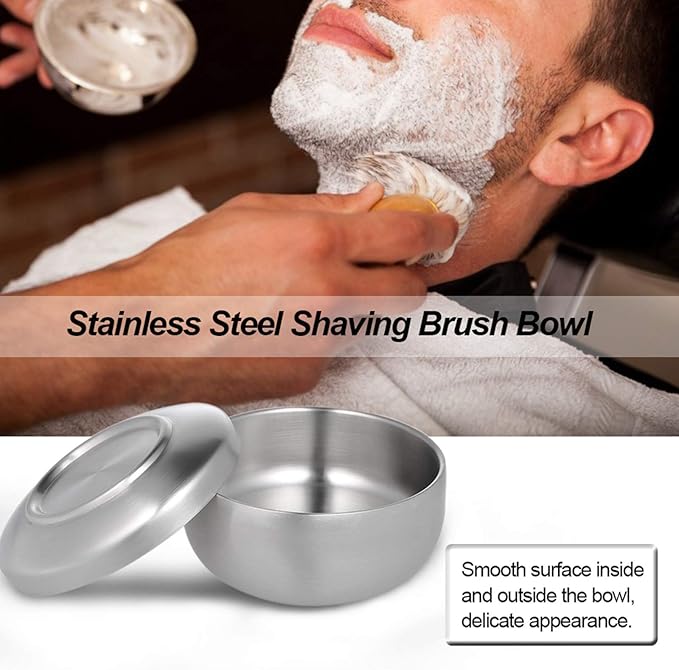 Yinhing Stainless Steel Shaving Bowl, Shave Cream Soap Brush Holder for Beard Cleaning, Smooth Surface with Cover, Lightweight Durable Shaving Mug for Men