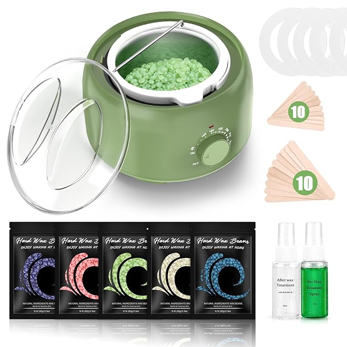 Waxing Kit - Wax Warmer for Hair Removal, Hard Wax Kit with 14oz 5 Bags Hard Wax Beans for Full Body, Legs, Face, Eyebrows, Bikini, Brazilian Waxing Kit for Women Men