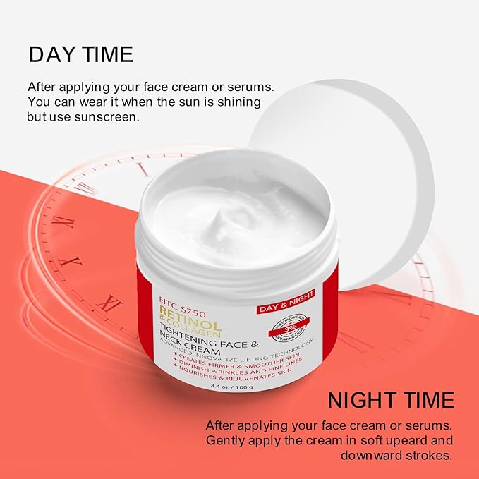 Retinol Cream for Face, Anti-Aging Neck Cream for Tightening and Firming with Collagen & Hyaluronic Acid, Instant Face Lift Cream Face Moisturizer for Women & Men, Rapid Wrinkle Repair 3.4 fl. oz.