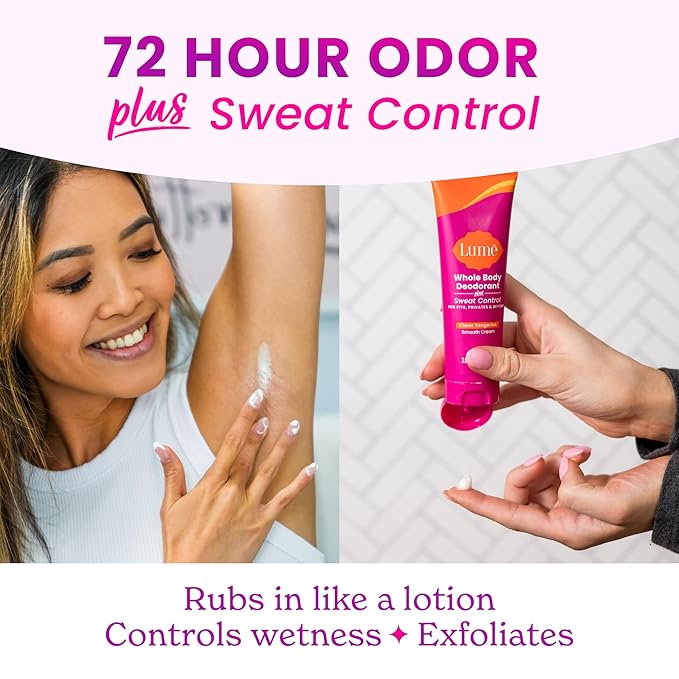 Lume Whole Body Deodorant Plus Sweat Control - Smooth Cream Tube - 72 Hour Odor And Sweat Control - Baking Soda Free, Skin Loving - 3.0 ounce (Pack of 2) (Clean Tangerine)