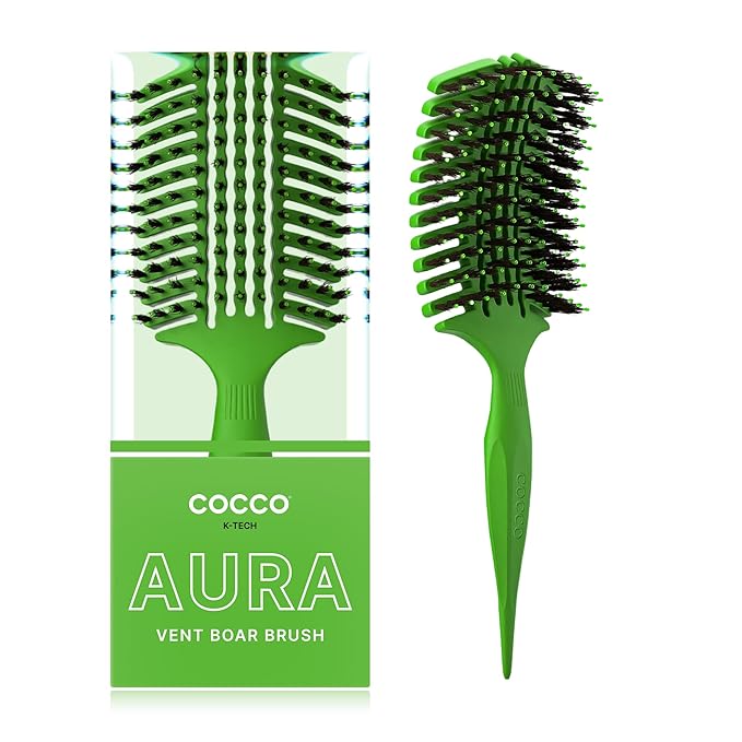 COCCO Aura Vent Boar Brush | Vented Dual-Curved Design for Faster Drying, Effortless Detangling & Shine, Boar + Nylon Bristles, Ergonomic Comfort Handle for Wet & Dry Hair Styling - Green