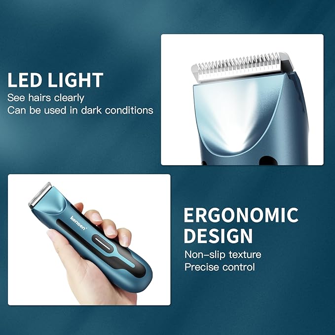 kensen Body Hair Trimmer for Men - Manscape Groin & Pubic Hair Trimmer for Men, Christmas Gift Mens Body Shaver with LED Light Travel Case IPX7 Waterproof Wet Dry Use Rechargeable Ball Shavers (Blue)