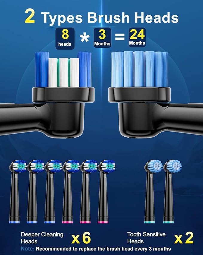 Rotating Electric Toothbrush for Adults with 8 Brush Heads, Travel Case, 5 Modes Rechargeable Power Toothbrush with Smart Timer,USB-C Charge 50-Day Battery Life, 3 Intensity, R05(Black)
