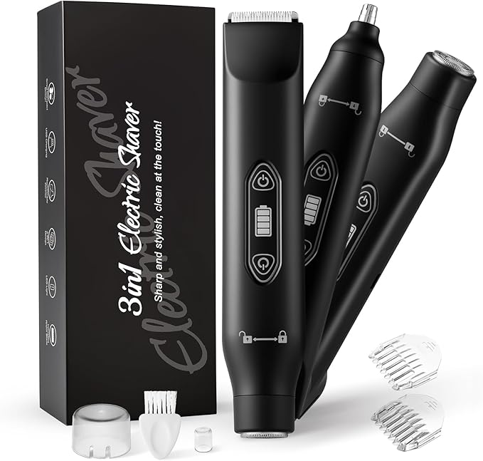 Body Hair Trimmer for Men，3 in 1 Electric Razor with Ceramic Blades, IPX7 Waterproof, USB Rechargeable, Painless Hair Removal for Face，Body，Nose，Groin, Travel Grooming Kit (Black)
