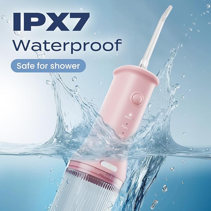 7AM2M Portable Cordless Water Flosser, Oral Irrigator with 3 Modes & 2 Tips, Fast Rechargeable, IPX7 Waterproof, Dental Water Flosser for Travel and Home Use (Pink)