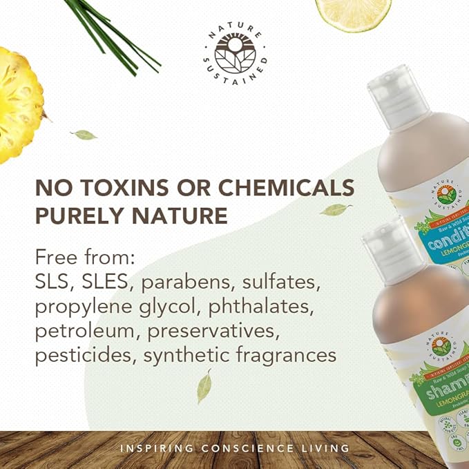 Nature Sustained Pure, Sensitive Skin Shampoo & Conditioner Raw Probiotic Plant Formula (pH Balanced) for Sensitive Skin & Dry Hair - (9 Oz. Bottles) (Lemongrass, 2-pack)