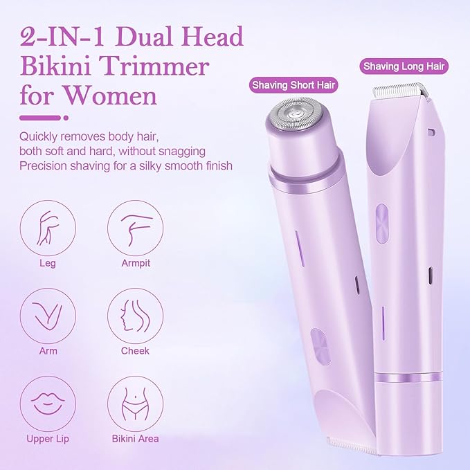 Bikini Trimmer for Women, 2-in-1 Dual Head Shaver Women, IPX7 Waterproof Gentle Electric Razors for Sensitive Areas, Cordless Hair Removal for Shower & Travel, Holiday Gift (Purple)
